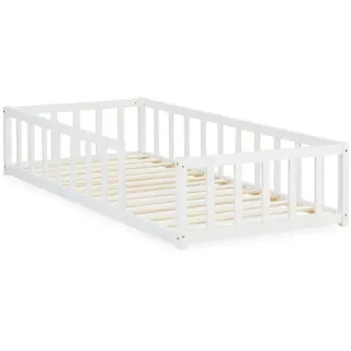 Homestyle4u Kinderbett Weiß mit Rausfallschutz 90x200 cm Bodenbett Montessori Bett Lattenrost Kleinkindbett - Weiß