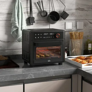 Homcom Minibackofen mit Umluft 13L Mini Ofen mit Backblech, Grillrost und Krümelblech, 40 °C-220 °C Heißluftfritteuse mit 12 Programmen, Frittierkorb, 12h Timer, 1500W, Edelstahl Schwarz