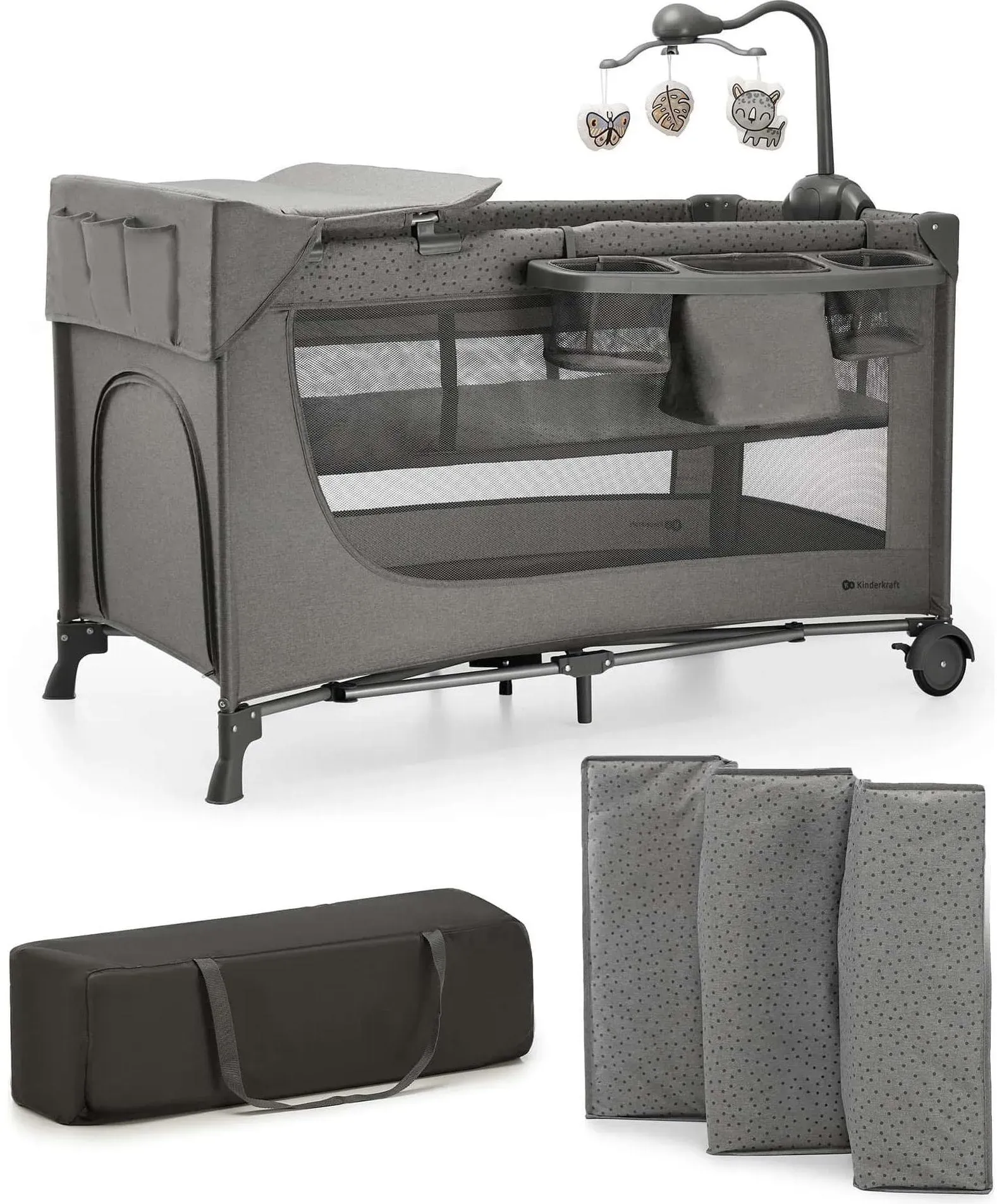 Kinderkraft JOY 2 ACC Kinderbett, 3 in 1 Kinderreisebett, Babybetten, Kinderbett, Reisebett, Modernes Design, Kleine Abmessungen nach Zusammenklappe, Praktisches Zubehör