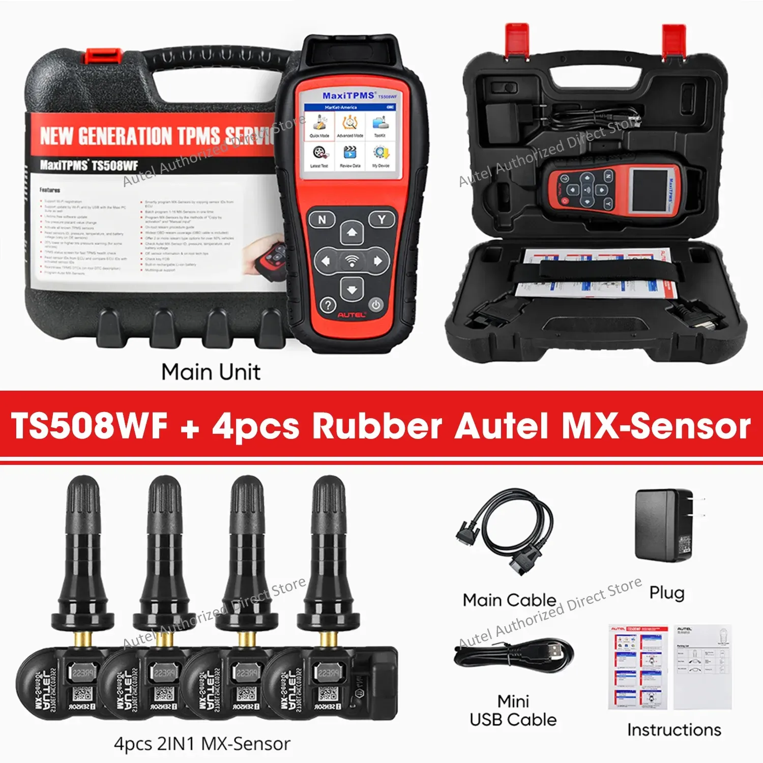 Autel MaxiTPMS TS508WF KIT TPMS-Diagnosetool über 4 Autel MX-Sensoren, OBD2 TPMS Relearn Tool Kostenloses Update, aufgerüstet von TS508