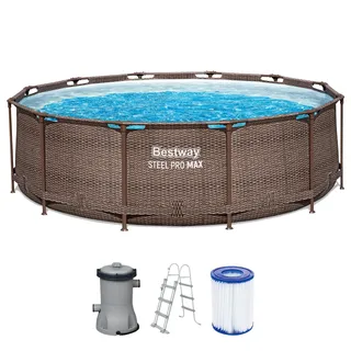 BESTWAY Steel Pro Max Frame Pool Set 366 x 100 cm rattanoptik inkl. Filterpumpe + Poolleiter