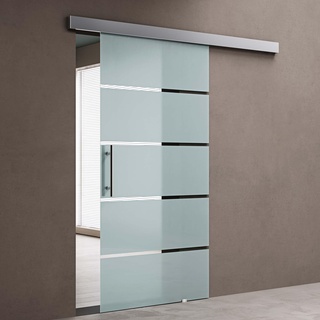 doporro Glasschiebetür Komplettset 77,5 x 205 cm | 25mm Wandabstand | Schiebetür mit ESG-Sicherheitsglas | Zimmertür Glas mit 5-Milchglas-Streifen und Stangengriff | Amalfi-plus 13