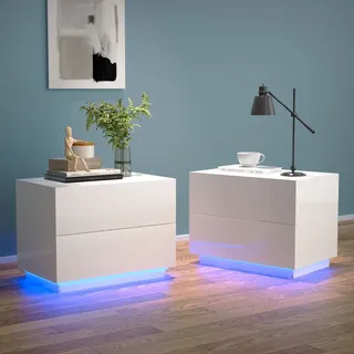 Mondeer Nachttisch LED Nachtkommode (2 St), Glänzend-Nachttisch mit LED-Beleuchtung und 2 Schubladen weiß