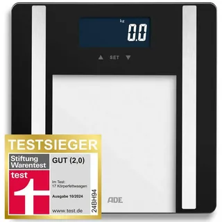 ADE Körper-Analyse-Waage Digitale Körperfettwaage "Ines" bis 200 kg, präzise Körperwaage, Testsieger Stiftung Warentest Ausgabe 10/2024 schwarz