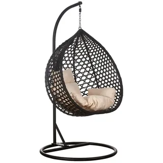 RAMROXX Luxus Hängesessel Style XXL Rattan Korb Gestell Schwarz mit Relaxkissen Beige