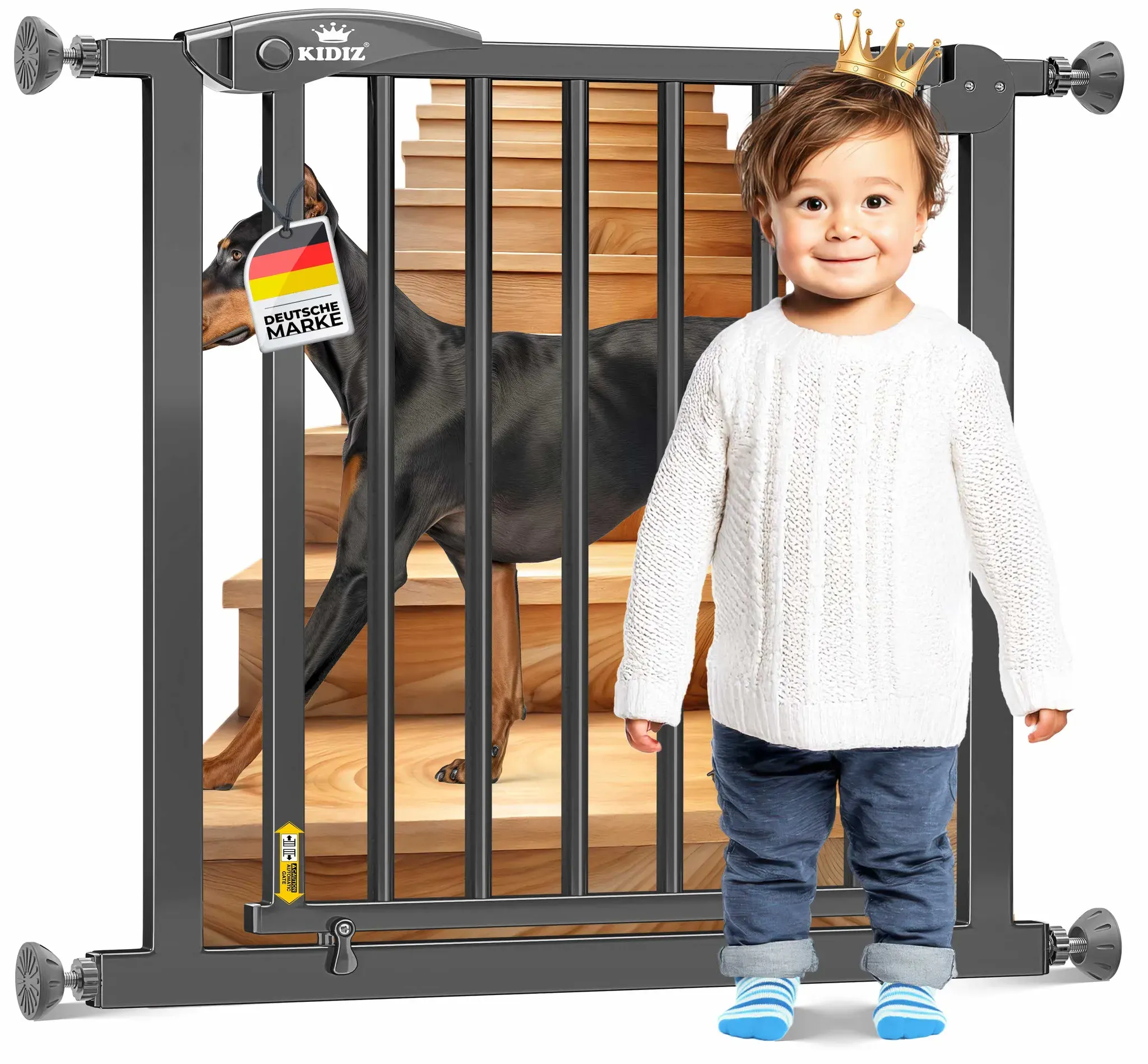KIDIZ® Schutzgitter für Treppen   Tür, Auto Close Kindertreppengitter ohne Bohren   90° Stop, Absperr Türschutzgitter, schwenkbare Trennwand, Treppenschutzgitter, Klemmen