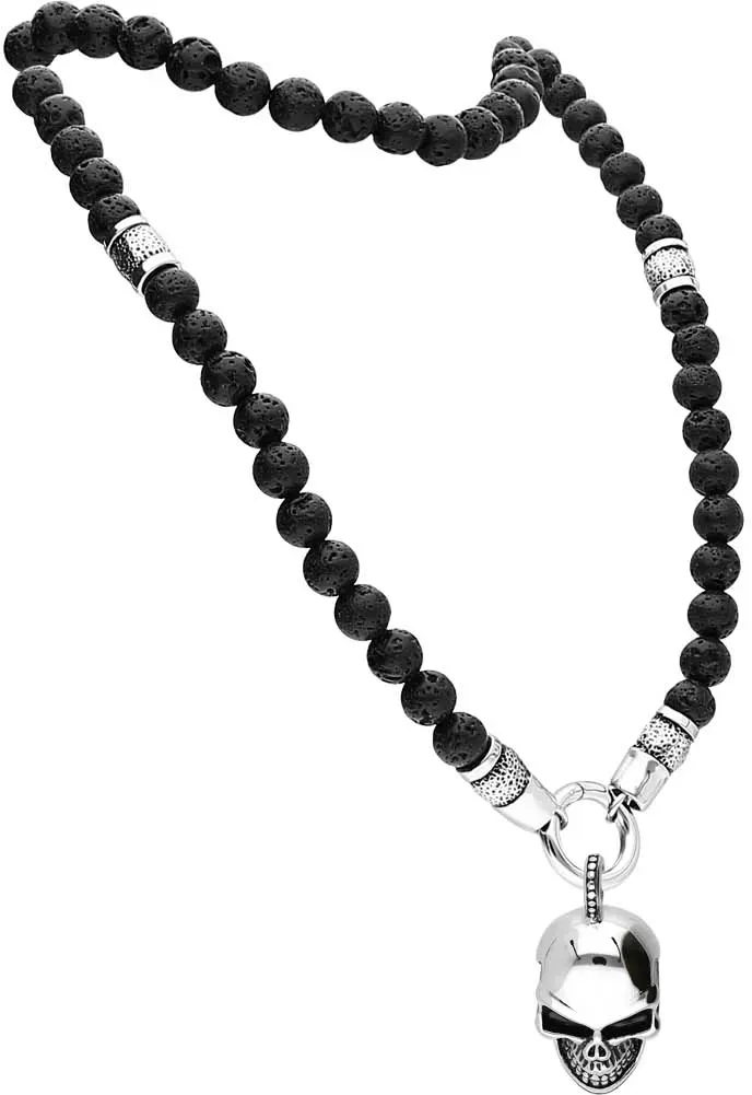 SET Lavastein Kugelkette + Chirurgenstahl Kettenanhänger TOTENKOPF