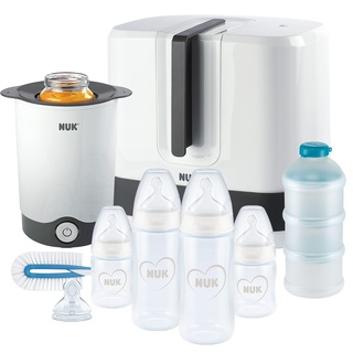 NUK First Choice+ Complete Komplettes Fütterungsset | Vario Express sterilisator, 4x babyflaschen, 1x Babyflaschensauger, flaschenwärmer und mehr | Herz (neutral) | 9 stück