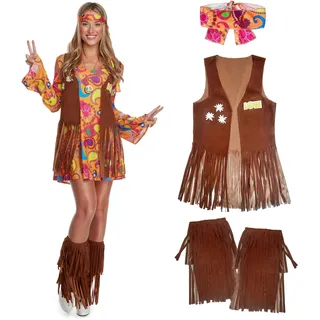 Morph Hippie Damen Kleid Kostüm Zeitreise Schlagermove Outfit 70er Mottoparty Schlager In Größen Erhältlich, XL - XL