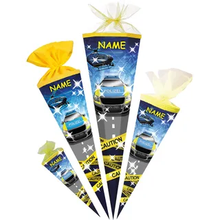 alles-meine.de GmbH Schultüte - mit 3D Glitzer - Effekt ! Polizei Auto & Helikopter 35-85 cm Größe wählbar inkl. Name - Zuckertüte - Tüllabschluß/Filzabschluß - eckig..