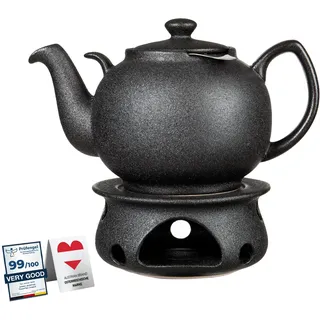 Teekanne mit Stövchen Steinzeug 1.6 L (Schwarz) mit Edelstahl Sieb. Keramik Teapot Liverpool tropffrei mit Siebeinsatz