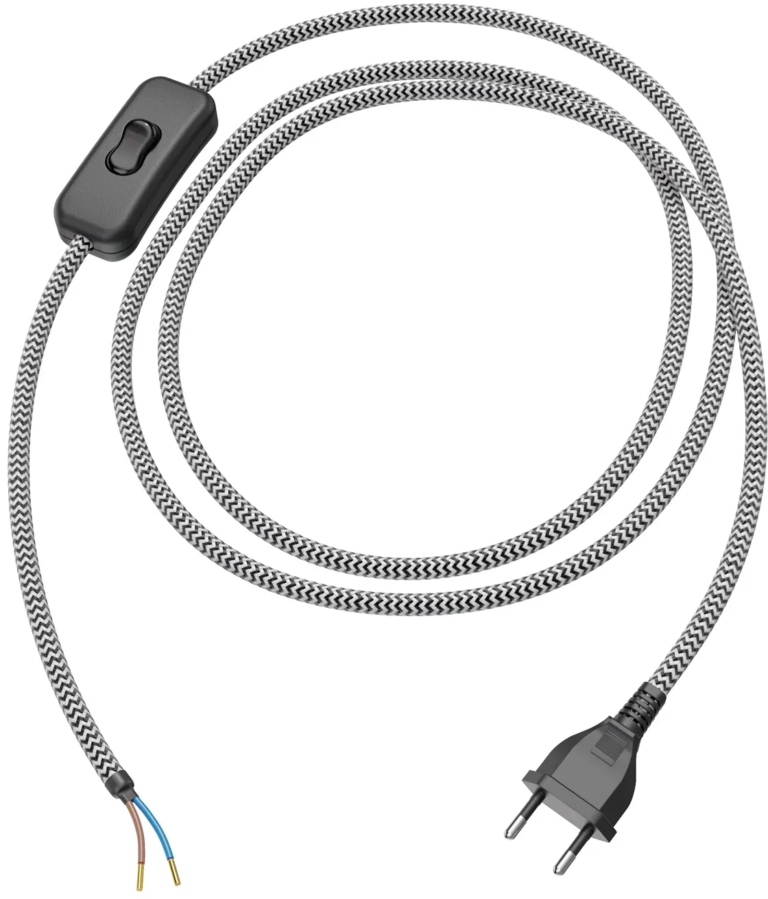 ledscom.de Eurostecker Typ C mit Textilkabel, Schalter, 2 m, schwarz, weiß  , gezackt, 2 x 0,75 mm2
