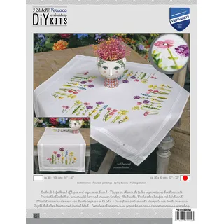 Vervaco Stickpackung Tischdecke Sticken Set Erwachsene Vorgedruckt Frühlingsblumen Stickdecken Vorgezeichnet Decke Sticken Stickpackung Plattstich 80 x 80 cm Stoff zum Sticken Kreatives Geschenk