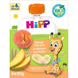 HiPP Quetschbeutel für Babys, Frucht-Porridge, Mango-Pfirsich in Banane mit Hafer, 100% Bio-Früchte ohne Zuckerzusatz, 4 x 4 Beutel à 90 g