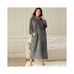 Flannel Robe Bathrobe with Pocket Ladies Hooded Long Dressing Gown Warm Soft Hoodie Pocket Blankets Sweatshirt Pullover - Dark Grey