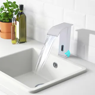 Sensor Wasserhahn für Bad und Küche, Waschbeckenarmatur aus Edelstahl Berührungslose Automatische Mischbatterie mit Temperaturregelung für Waschbecken (Silber)
