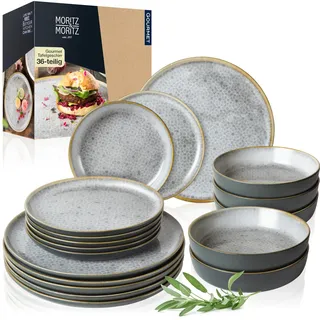 Moritz & Moritz TERRA 36-tlg Geschirrset 12 Personen - Teller Set in dezentem Grau aus hochwertigem Porzellan - Geschirr Set 12 Personen aus je 12x Speiseteller, Dessertteller und Schalen