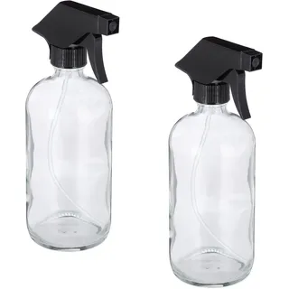 Relaxdays Sprühflasche Glas, Set, 2x 500ml, nachfüllbar, Nebel u. Strahl, Haarpflege, Reinigung, Zerstäuber, transparent