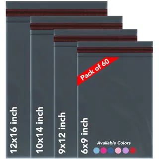 ISOUL 60 graue Versandtaschen in verschiedenen Größen, selbstklebend, 4 Größen, starke, wasserdichte Poly-Kunststoff-Umschläge für Pakete, Verpackungen, kleine, mittelgroße, große Post, Versandtaschen