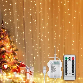 goobay 300er LED-Lichtervorhang - mit Fernbedienung, Timer-Funktion, 8 Leuchtmodi, Dimmer, USB- und Batteriebetrieb, warm-weiß 2350 K,