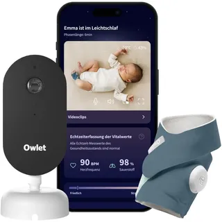Owlet Dream Duo – Smart Baby Monitor Sock® Sensor, präzise Puls- & Sauerstoffmessung, 2K HD Kamera, Schlafanalyse, WLAN & App-Steuerung für sicheres Baby-Monitoring, Bedtime Blue