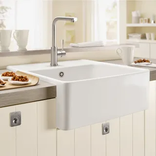 Villeroy & Boch Spülstein Einzelbecken, Ablaufgarnitur mit Handbetätigung 632061R1HL2, Küchenspülen, weiß mit ceramicplus