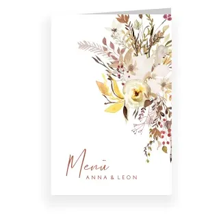 Hochzeit Menükarten in Weiß mit eigenen Fotos gestalten im Design "Trockenblumen" - Musterkarte