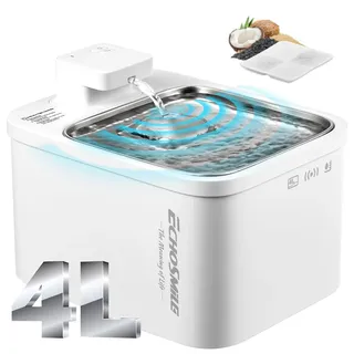 EchoSmile 4L Trinkbrunnen für Katze Hunde Kabellos, Katzenbrunnen mit 5200mAh Wiederaufladbarer Akku, Tablett aus Edelstahl, Leise Wasserpumpe, Mehrschichtiges Filtersystem