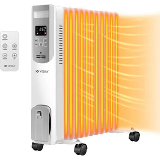 veska Ölradiator 2500W Elektro Heizkörper mit LCD-Display und Fernbedienung, 12h-Timer, Thermostat, Abschaltautomatik, Überhitzungsschutz Mobile Elektroheizung 2500 Watt weiß