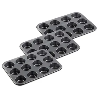 Rosenstein & Söhne Mini Kuchen Backblech: Antihaftbeschichtetes Backblech für 12 Muffins mit Ø 7 cm, 3er-Set (Silikon Muffin-Blech, Silikon Muffinsblech)