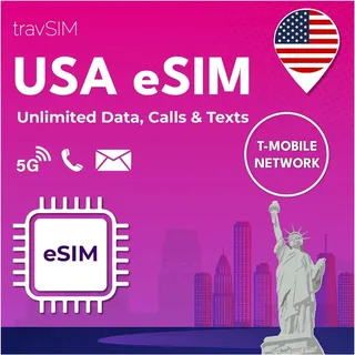 travSIM USA eSIM | T-Mobile Netz | Unbegrenzte Daten, Anrufe & Texte in den USA | e SIM Amerika funktioniert auf eSIM kompatiblen iOS & Android Geräten | e SIM Karte USA 14 Tage
