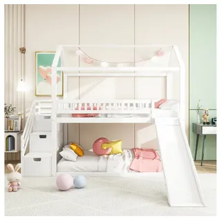 XDeer Etagenbett Kinderetagenbett 90*200 cm, Hochbett, mit Rutsche und Stauraumleiter, hohe Zaunkonstruktion, Massivholzbettrahmen, Lattenrost