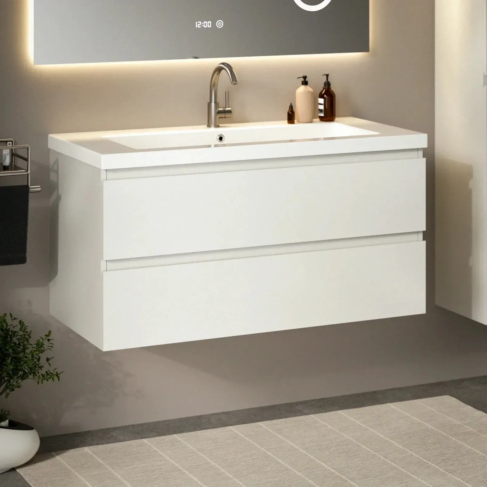 Badezimmermöbel Sena – 100 cm – Weiß – Weißes Waschbecken - Vorbestellen