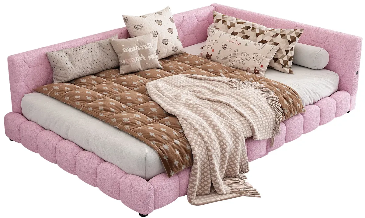 Merax 140*200cm Schlafsofa, 16 Farben Umgebungslicht, USB-Anschluss, Bequemes Material, Rosa