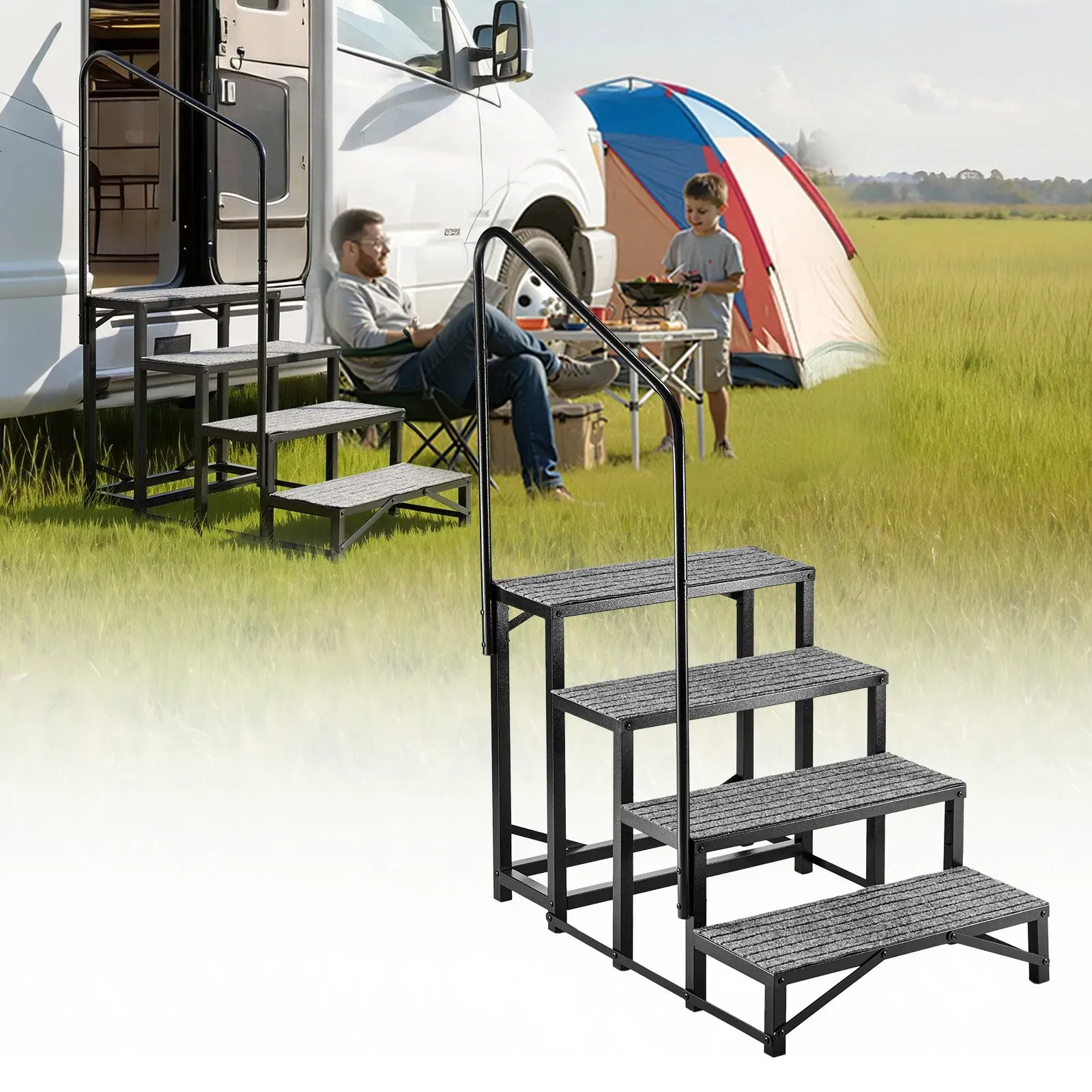 VEVOR Wohnmobiltreppe 4 Stufen Einstiegshilfe 299,38 kg Tragkraft Wohnmobil Trittstufe mit Antirutschmatte Außentreppe für Camper Wohnwagen Mobilheim Pool Spa Standtreppe für Senioren Hunde Schwarz