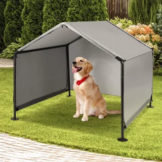 A.FATI Hundehütte Outdoor für Kleine bis Große Hunde, 125x125x110 cm, Wasserdicht Hundezelt mit Rückentür und künstlichen Weinreben, Hundeliege mit Dach für Hühner, Katzen, Farbe in Grau