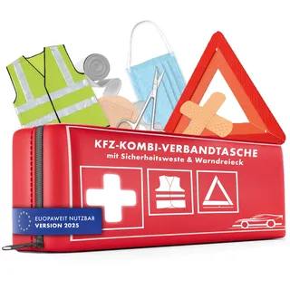 Walser KFZ Verbandstasche 2026 StVO konform, 3in1 Auto Erste Hilfe Set mit Pannendreieck und Warnweste, Kombitasche Verbandskasten 2026, Erste Hilfe Kasten Warnweste Auto + Warndreieck KFZ DIN 13164
