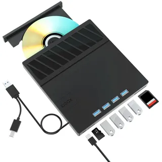 Yaeonku Externes Blu Ray CD DVD Laufwerk USB 3.0 Type-C 3D BD Externer CD/DVD Blu ray Brenner with 4 USB Ports and 2 SD Card Portable Bluray Laufwerk Drive für for Laptop PC Linux Windows Mac OS