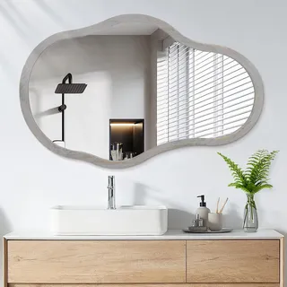 Grauer asymmetrischer Wandspiegel Dekor unregelmäßige einzigartige Form Holzrahmenspiegel für Wandwaschtisch moderner künstlerischer großer Spiegel dekorativ für Badezimmer Schlafzimmer Wohnzimmer