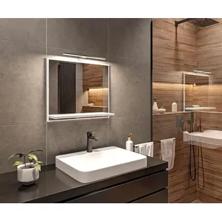 HAJDUK-MÖBEL Badspiegel Weiß mit LED Beleuchtung 4000K IP44 H 50 x B 60 cm – Schwarzes LED-Gehäuse – Moderner Badezimmer Spiegel mit Ablage - Weiß