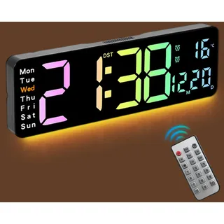 Focenat Digitale Wanduhr mit Fernbedienung,Digitaluhr mit Nachtlicht,24/12 Stunden Wanduhr,RGB LED Wanduhr mit Farbwechsel,Digitale Wanduhr mit Temperatur,für Wohnzimmer,Büro,Dekoration
