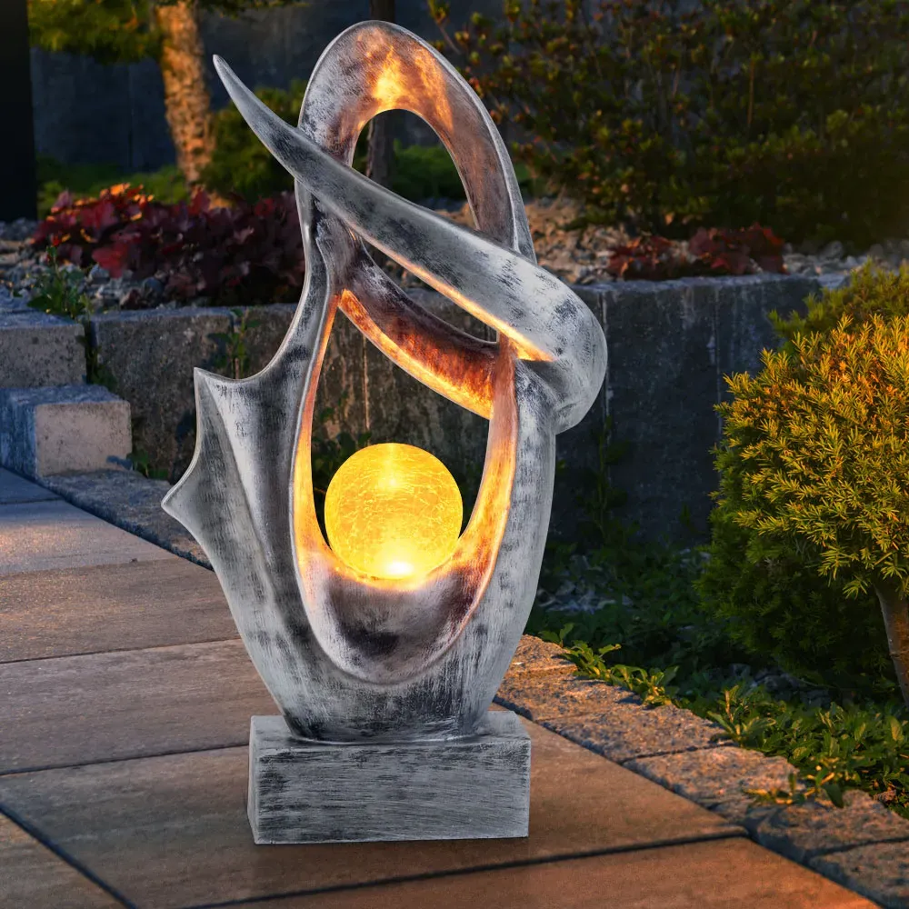 Solarlampe für Außen Garten Deko Terrassen Lampe Außen Boden Solar Lampe Outdoor stehend, mit Feuereffekt, Skulptur silber, Crackle Glaskugel, 1x LED 3000K, BxH 25,5x45 cm