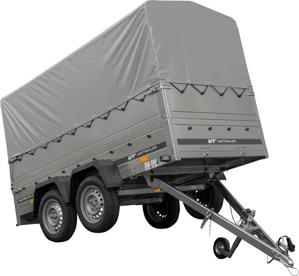 2-Achs Pkw-Anhänger UNITRAILER GARDEN TRAILER 264/2 KIPP mit Stützrad, Bordwandaufsatz, H-800 Rahmen und grauer Plane