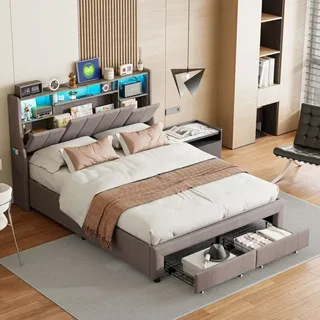 Polsterbett mit Bettkästen 140x200cm, mit 2 Schubladen, LED-Lichtleiste, USB-Ladeanschluss, klappbarem Kopfteil mit Stauraum, Holzlattenrost, Leinen,