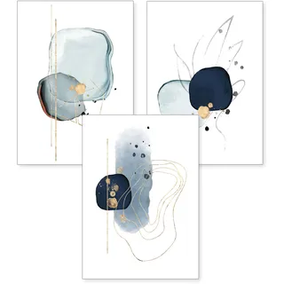 3-teiliges Premium Poster-Set | Kunstdruck | Abstrakt blau | Deko Bild für Ihre Wand | optional mit Rahmen | Wohnzimmer Schlafzimmer Modern Fine Art | DIN A4 / A3 (A3, ohne Rahmen)