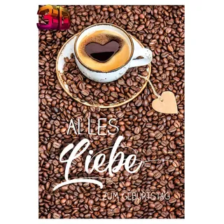KE - 3D Effekt Geburtstagskarte, DIN B6 Format, inkl. Umschlag - Kreatives Design für Kaffeeliebhaber - Motiv: Kaffeebohnen