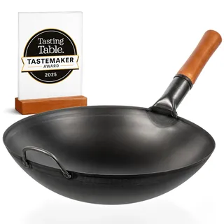 YOSUKATA Karbonstahl Woks & Wokpfannen - 36 cm Voreingebrannter Wok Pfanne Carbonstahl Runder Boden - Traditionell Wok Für Gasherd - Kompatibel mit Gas, Grill, Feuer, Gasgrill - Asiapfanne
