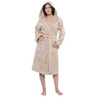 MAIAS art home Bademantel Frottee Damen & Herren 100% Baumwolle, mit Kapuze & aufgesetzten Taschen, Bindegürtel, Unisex, ideal als Hausmantel, Morgenmantel oder für die Sauna beige|goldfarben XL