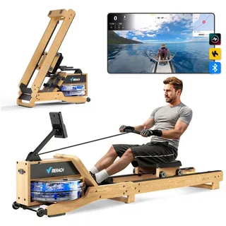 MERACH Rudergerät Wasser Rudergerät für Zuhause aus Holz, Rudermaschine mit Bluetooth (Rudergerät Wasser aus Eiche mit LCD-Datenanzeige, Verstellbarer Tablethalterung & ergonomischer Sitz), kompatibel mit Kinomap, Rudergeräte 158kg belastbar beige