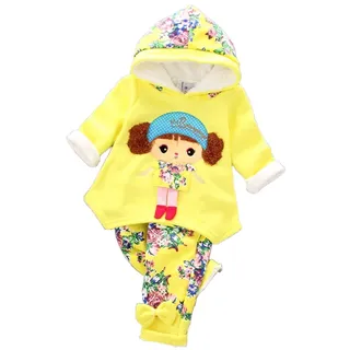 Yao 6M-3J Kleine Mädchen 2-teiliges Kleidungsset Warmer Samt Hoodie mit Mädchenmustern und Schmetterlingshose mit Blumenmustern (6-12M, Gelb) - 6-12 Monate